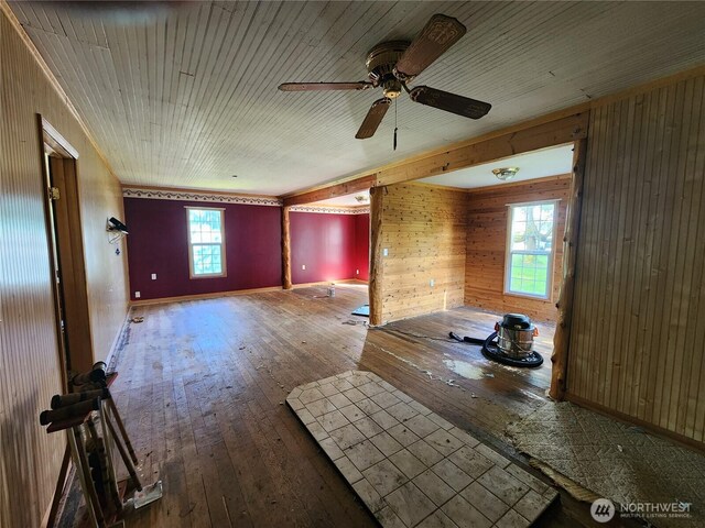 175 Stevens Rd, Chehalis, WA 98532 - unfurnished room with wooden walls, hardwood / wood-style floors, a ceiling fan, baseboards, and wood ceiling