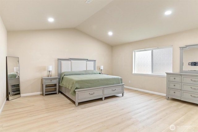 bedroom featuring baseboards, light wood-style flooring, recessed lighting, and lofted ceiling