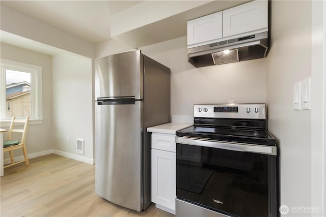 kitchen with appliances with stainless steel finishes, under cabinet range hood, light wood-type flooring, and white cabinetry