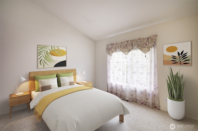 carpeted bedroom featuring lofted ceiling and baseboards