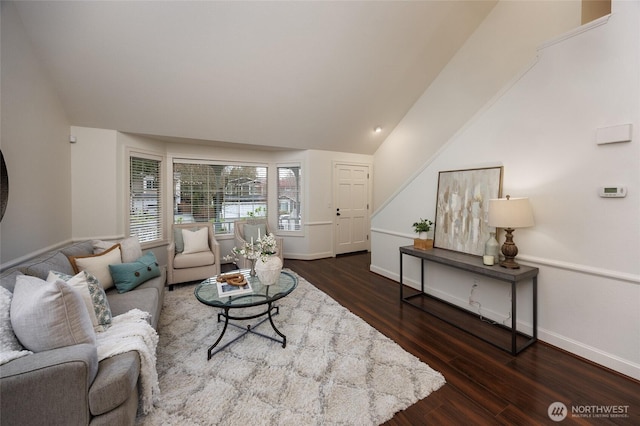 11635 NE 95th St, Kirkland, WA 98033 - living room featuring vaulted ceiling, wood finished floors, and baseboards