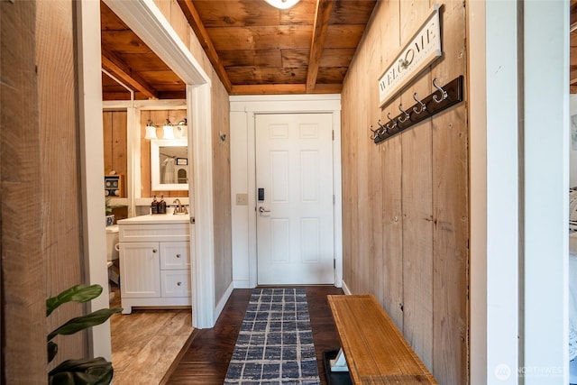 1011 231st Ln, Ocean Park, WA 98640 - mudroom featuring wood ceiling, dark wood-style flooring, a sink, and wood walls