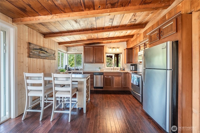 1011 231st Ln, Ocean Park, WA 98640 - kitchen with stainless steel appliances, wooden walls, wood ceiling with exposed beams, dark wood-style floors, and a sink