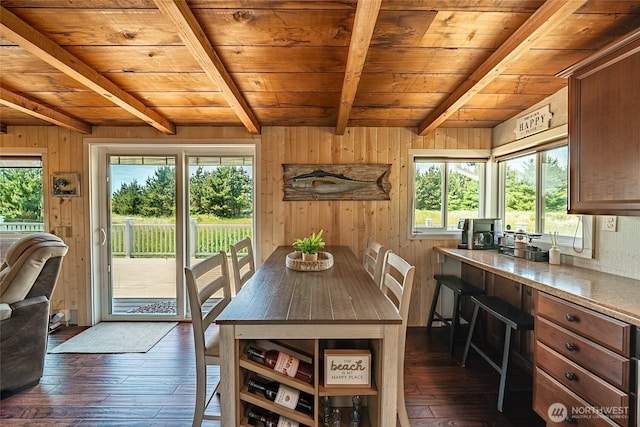 1011 231st Ln, Ocean Park, WA 98640 - dining space featuring wooden ceiling with exposed beams, dark wood-type flooring, healthy amount of natural light, and wood walls