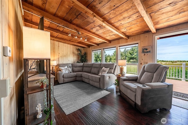 1011 231st Ln, Ocean Park, WA 98640 - living room with wooden ceiling, wooden walls, and dark wood-style floors