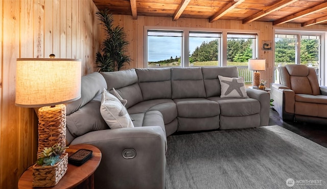 1011 231st Ln, Ocean Park, WA 98640 - living area with wood ceiling with exposed beams and wood walls