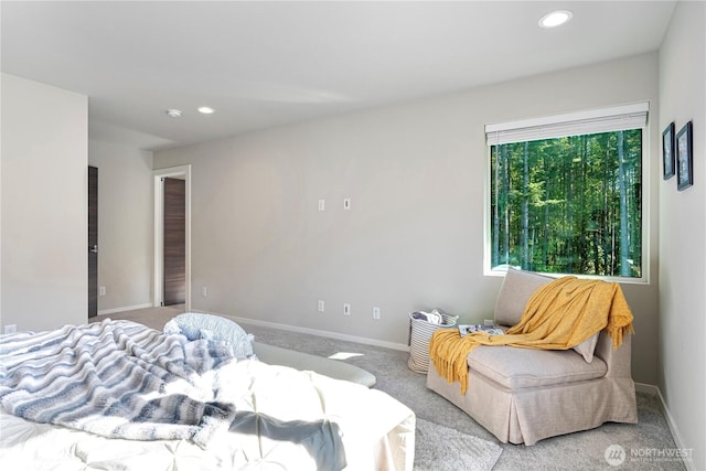 carpeted bedroom with baseboards and recessed lighting
