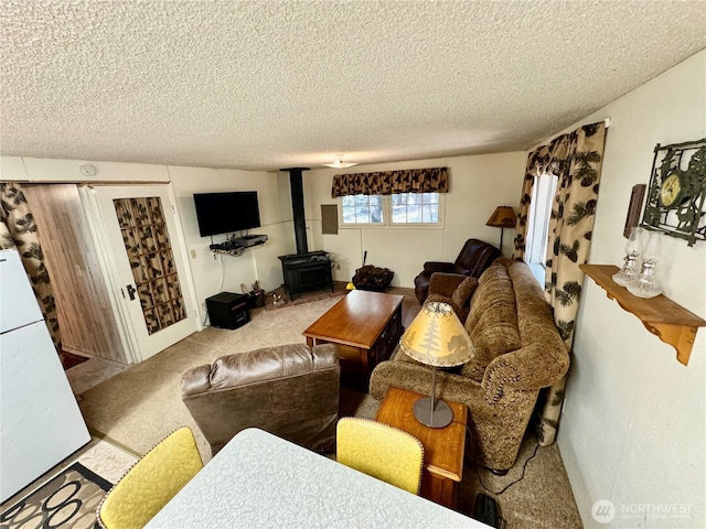 511 Old River Rd Unit 18, Naches, WA 98937 - living area with a wood stove, a textured ceiling, and carpet