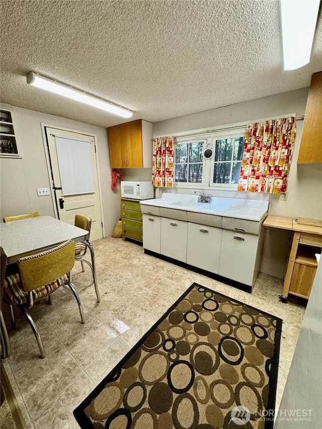 511 Old River Rd Unit 18, Naches, WA 98937 - kitchen with white microwave, light countertops, white cabinetry, a textured ceiling, and a sink