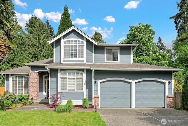 16260 11th Ave NE, Shoreline, WA 98155 - view of front of house with driveway, brick siding, an attached garage, a front lawn, and roof with shingles