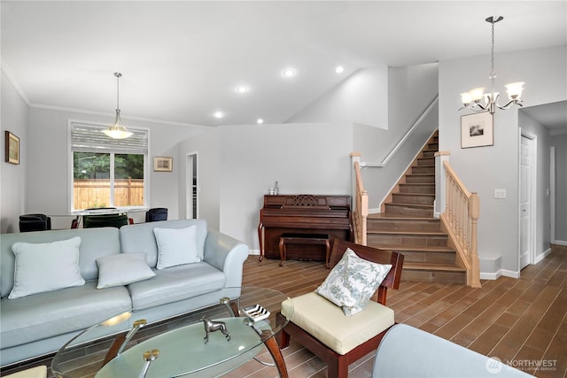 16260 11th Ave NE, Shoreline, WA 98155 - living room featuring a chandelier, recessed lighting, baseboards, wood finished floors, and stairway