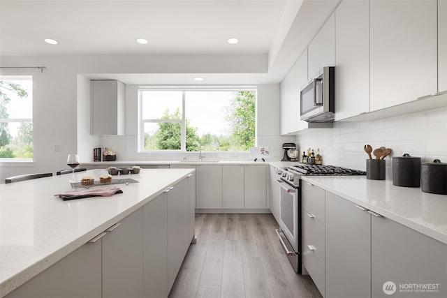 kitchen featuring stainless steel appliances, light stone countertops, backsplash, a sink, and light wood-style floors