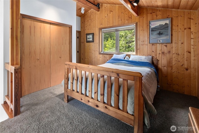 6166 Westside Rd, Cle Elum, WA 98922 - bedroom with carpet floors, wooden walls, wooden ceiling, and a closet