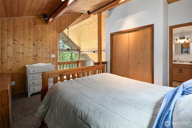6166 Westside Rd, Cle Elum, WA 98922 - carpeted bedroom featuring wood ceiling, wood walls, beam ceiling, a sink, and a closet