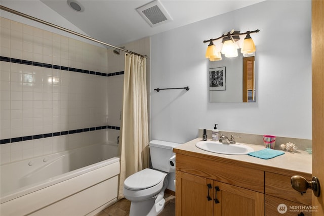 6166 Westside Rd, Cle Elum, WA 98922 - bathroom with toilet, shower / bath combination with curtain, vanity, tile patterned flooring, and lofted ceiling