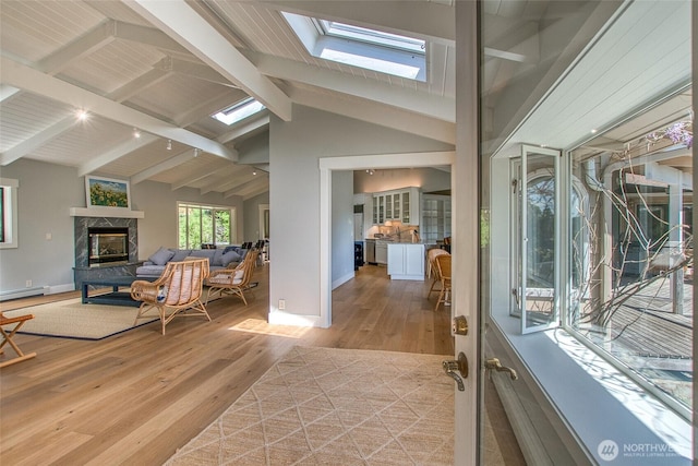 376 Killebrew Lake Rd, Orcas Island, WA 98280 - foyer featuring a skylight, light wood-style floors, a glass covered fireplace, baseboards, and a baseboard heating unit