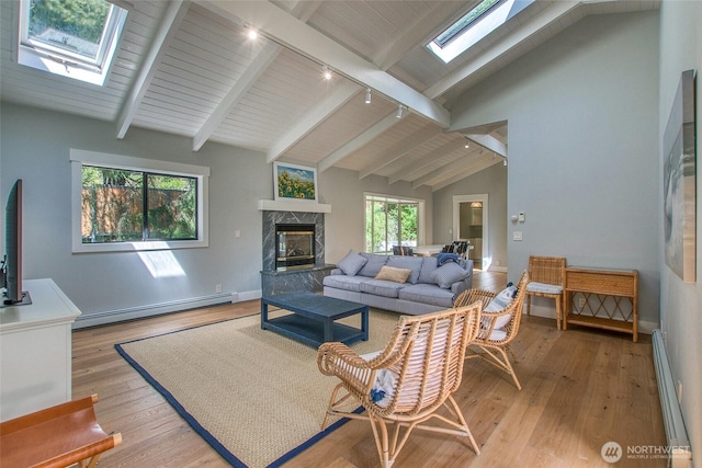 376 Killebrew Lake Rd, Orcas Island, WA 98280 - living area featuring a skylight, a baseboard heating unit, light wood-type flooring, a fireplace, and beam ceiling
