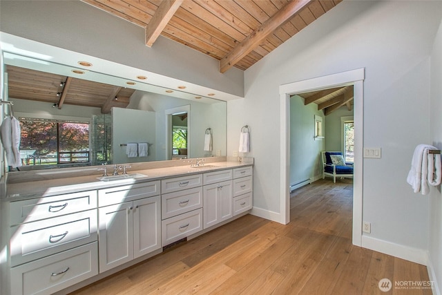 376 Killebrew Lake Rd, Orcas Island, WA 98280 - bathroom with wooden ceiling, a baseboard heating unit, plenty of natural light, hardwood / wood-style flooring, and double vanity