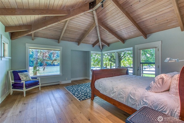 376 Killebrew Lake Rd, Orcas Island, WA 98280 - bedroom featuring access to exterior, a baseboard heating unit, wooden ceiling, baseboards, and wood-type flooring