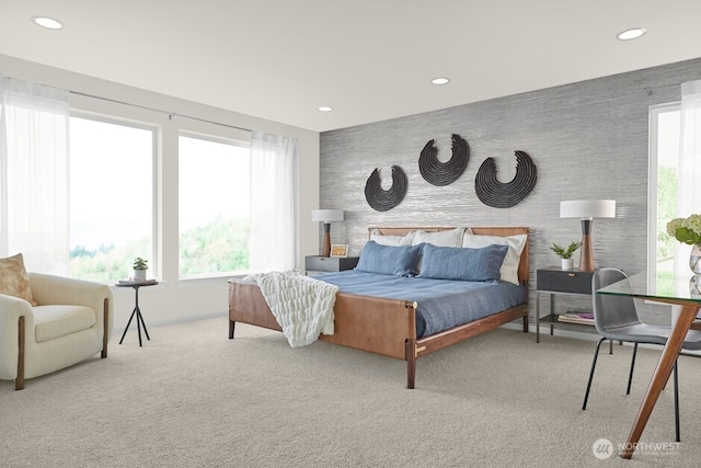 bedroom featuring carpet, multiple windows, and recessed lighting