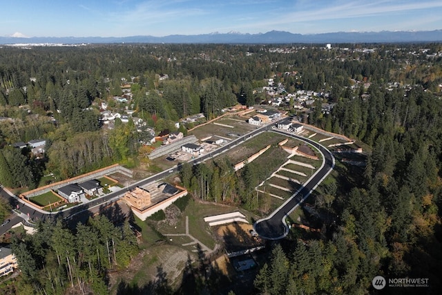 aerial overview of property's location featuring a forest and a mountainous background