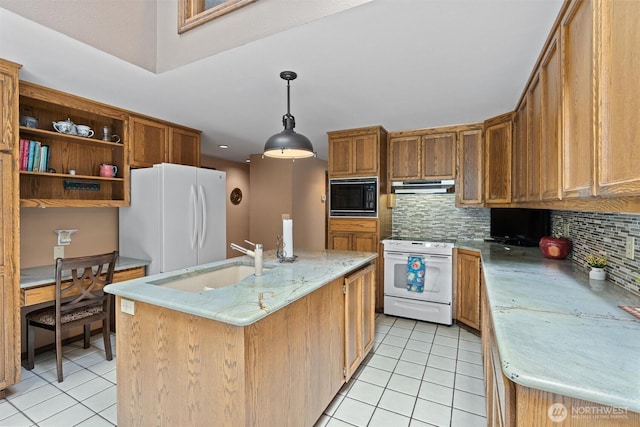 14413 139th Ave SE, Snohomish, WA 98290 - kitchen featuring white appliances, a sink, under cabinet range hood, light tile patterned floors, and decorative backsplash