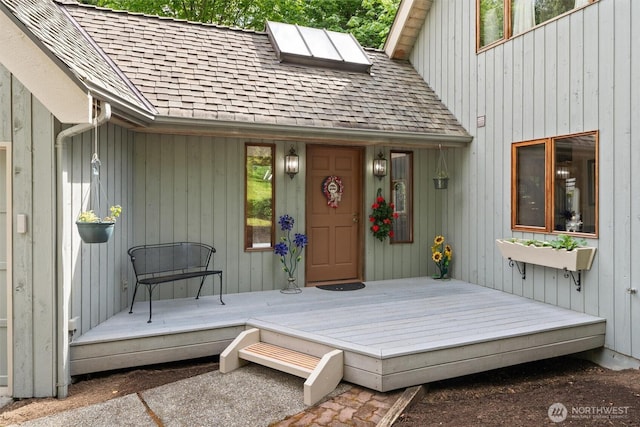 14413 139th Ave SE, Snohomish, WA 98290 - view of exterior entry with roof with shingles and a wooden deck