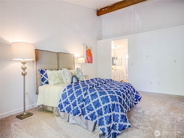 8407 18th Ave W Unit 4-102, Everett, WA 98204 - carpeted bedroom featuring beamed ceiling, high vaulted ceiling, baseboards, and ensuite bath