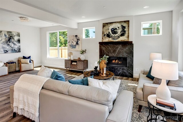 16215 Simonds Rd NE Unit 3, Kenmore, WA 98028 - living room with plenty of natural light, wood finished floors, a fireplace, recessed lighting, and baseboards