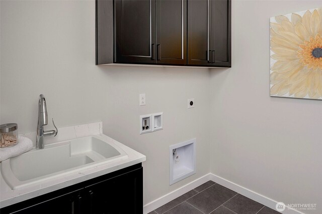 16215 Simonds Rd NE Unit 3, Kenmore, WA 98028 - clothes washing area featuring cabinet space, electric dryer hookup, hookup for a washing machine, dark tile patterned flooring, and baseboards