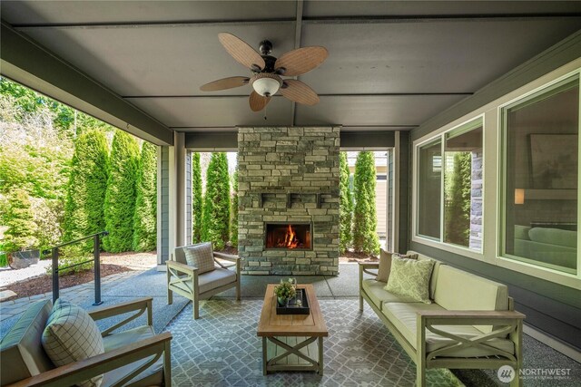 14419 190th Avenue Ct E, Bonney Lake, WA 98391 - view of patio featuring an outdoor living space with a fireplace and a ceiling fan
