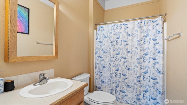 10615 SE Handicap Dr, Warden, WA 98857 - bathroom featuring toilet, vanity, backsplash, and curtained shower