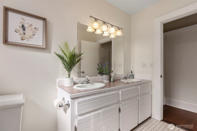 bathroom with double vanity and toilet