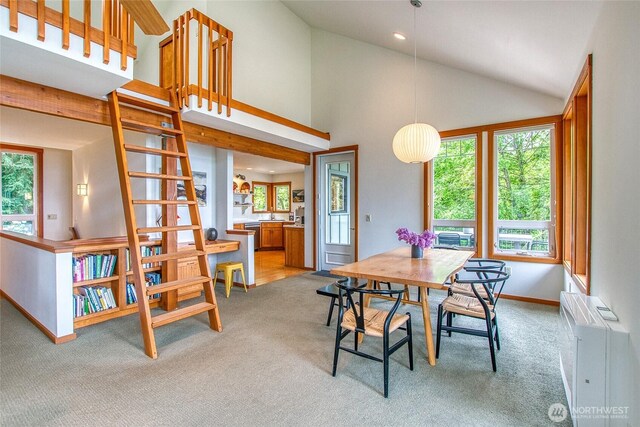 91 Coastline Dr, Orcas Island, WA 98279 - dining area featuring light carpet, baseboards, high vaulted ceiling, and recessed lighting