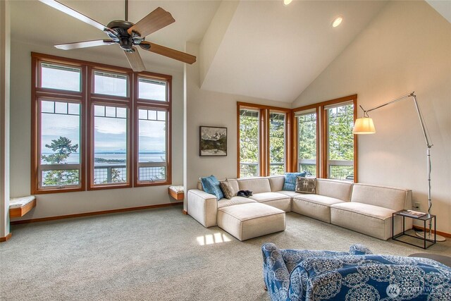 91 Coastline Dr, Orcas Island, WA 98279 - carpeted living area featuring baseboards, recessed lighting, high vaulted ceiling, and a ceiling fan