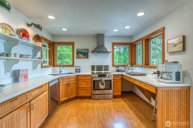 91 Coastline Dr, Orcas Island, WA 98279 - kitchen with appliances with stainless steel finishes, wall chimney range hood, a sink, open shelves, and light wood-type flooring