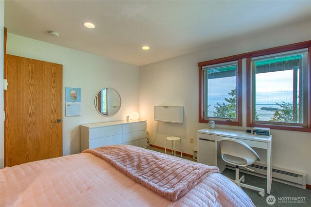 91 Coastline Dr, Orcas Island, WA 98279 - bedroom with recessed lighting, a baseboard radiator, baseboards, and carpet flooring