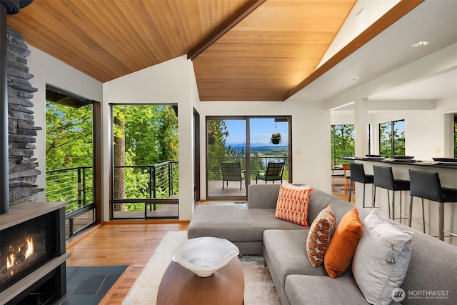9222 SE 46th St, Mercer Island, WA 98040 - living area with lofted ceiling, wooden ceiling, and wood finished floors