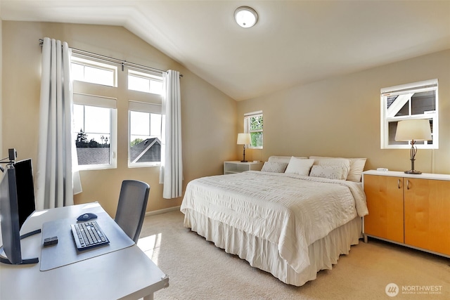 9831 NE 138th Pl, Kirkland, WA 98034 - bedroom with lofted ceiling, light colored carpet, a desk, and baseboards