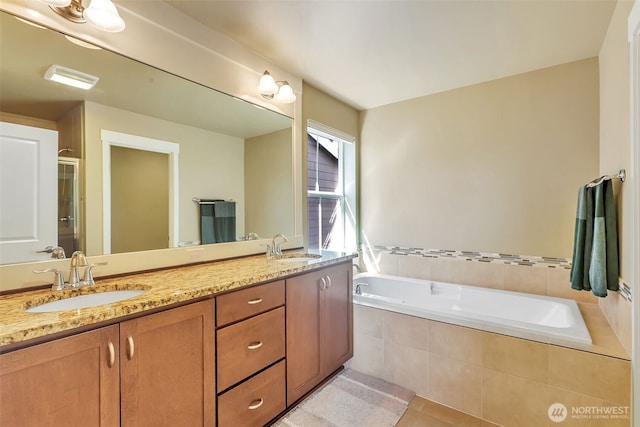 9831 NE 138th Pl, Kirkland, WA 98034 - full bath with a bath, double vanity, and tile patterned flooring