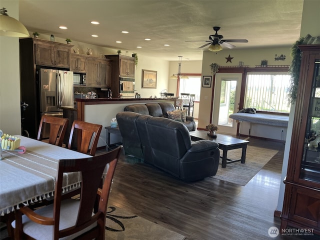 137 La Due Cemetery Rd, Onalaska, WA 98570 - living room featuring ceiling fan, recessed lighting, and dark wood finished floors