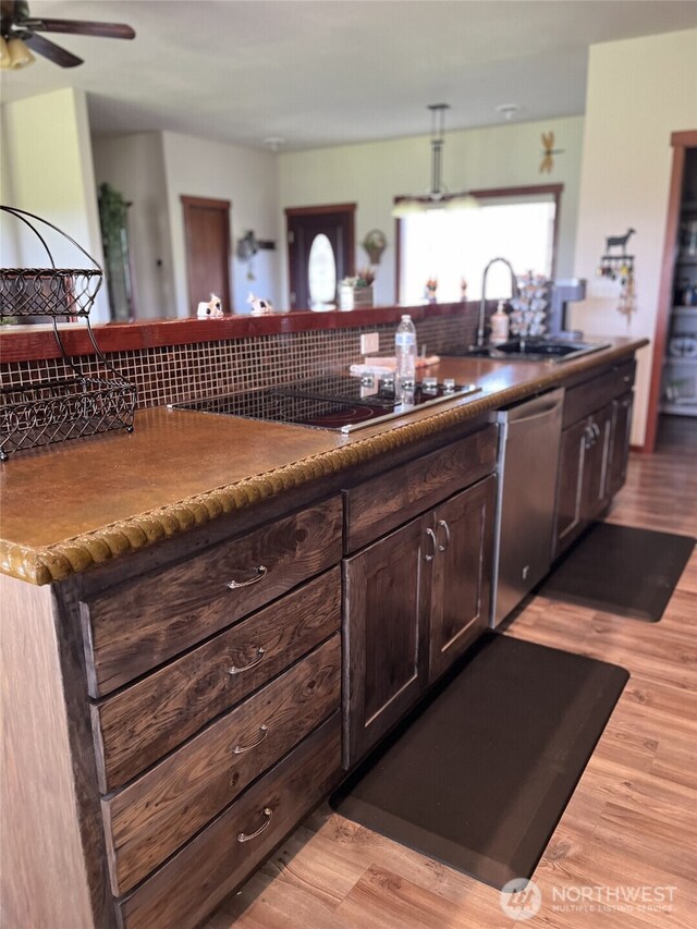 137 La Due Cemetery Rd, Onalaska, WA 98570 - kitchen with dishwasher, a sink, dark countertops, ceiling fan, and dark brown cabinets