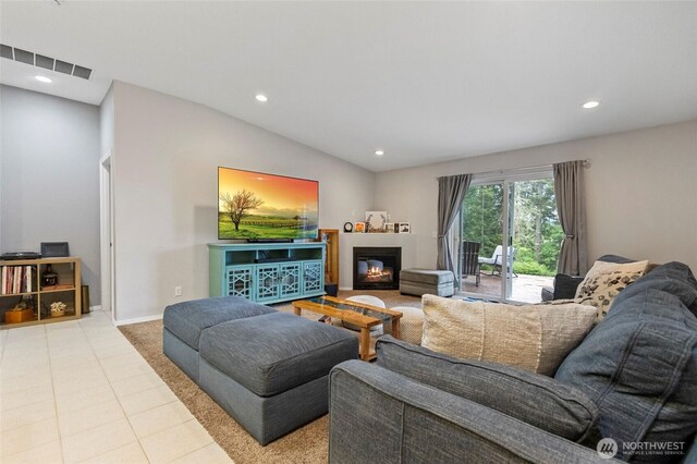 1555 Silver Lake Rd, Oak Harbor, WA 98277 - living room featuring recessed lighting, tile patterned floors, and a glass covered fireplace