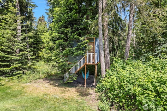 1555 Silver Lake Rd, Oak Harbor, WA 98277 - view of yard featuring stairway and a forest view