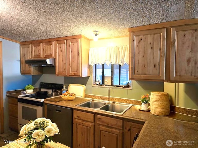 3516 Harrison Ave Unit H, Centralia, WA 98531 - kitchen featuring electric range oven, dishwasher, a sink, under cabinet range hood, and a textured ceiling