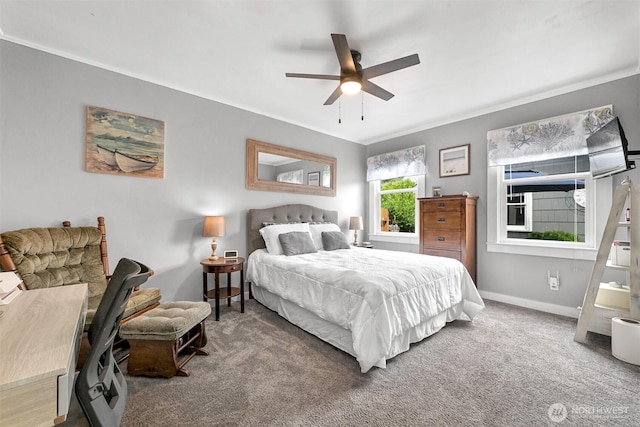 1060 Peace Portal Dr, Blaine, WA 98230 - carpeted bedroom with crown molding, baseboards, and ceiling fan
