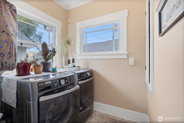 3708 N Madison St, Tacoma, WA 98407 - laundry view of independent washer and dryer, baseboards, and crown molding
