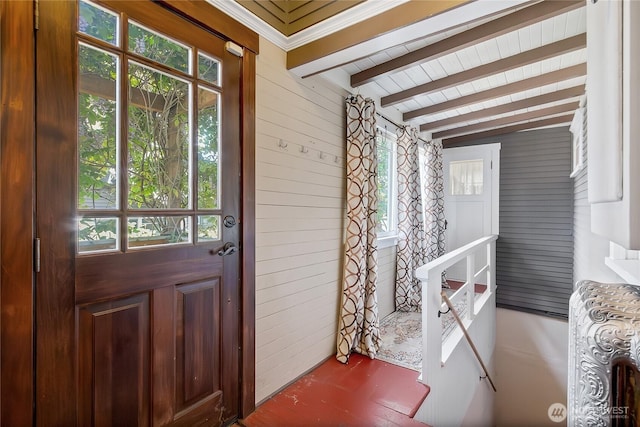 3708 N Madison St, Tacoma, WA 98407 - doorway to outside featuring wooden walls, wood ceiling with exposed beams, and wood finished floors