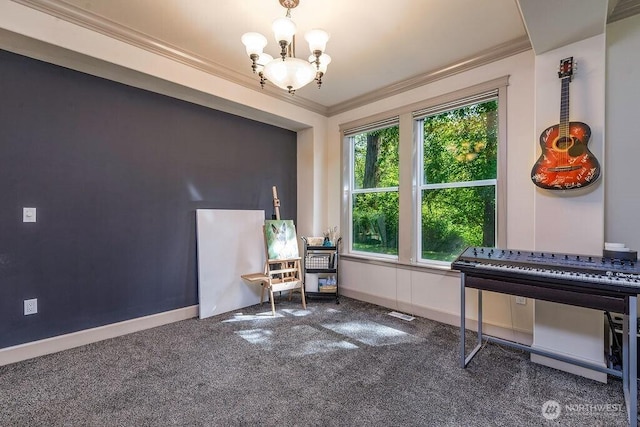 1715 131st St S, Tacoma, WA 98444 - living area featuring a chandelier, ornamental molding, carpet, and baseboards