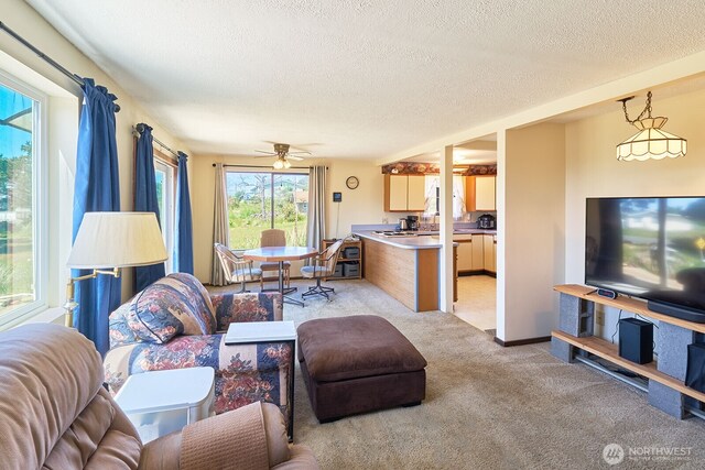33612 I St, Ocean Park, WA 98640 - living area featuring light carpet, a textured ceiling, and ceiling fan